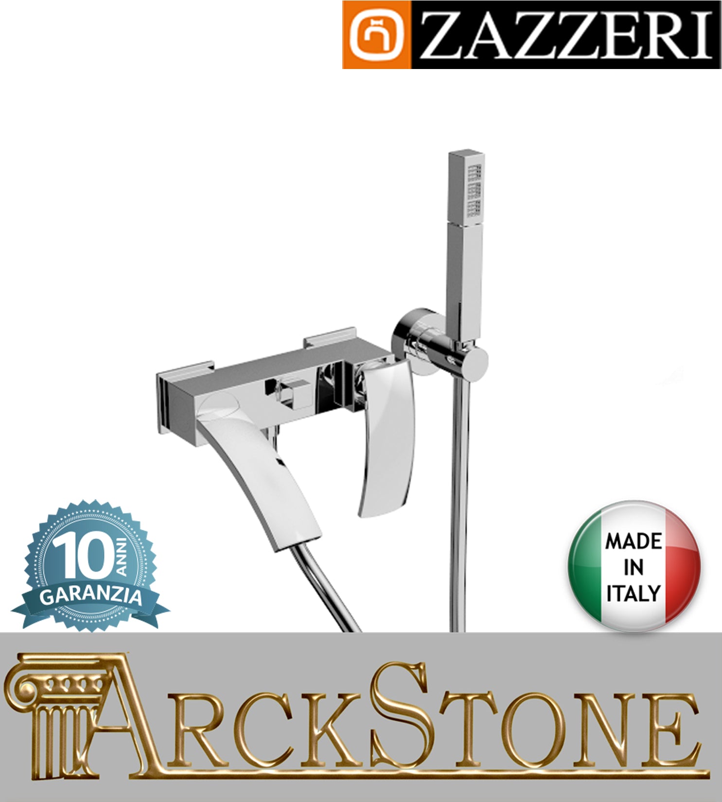 Miscelatore vasca marca Zazzeri modello Moon Mono finitura ottone cromato parete esterno doccetta flessibile attacco muro rubinetteria rubinetto arredamento casa arredo bagno garanzia 10 anni qualità made in italy