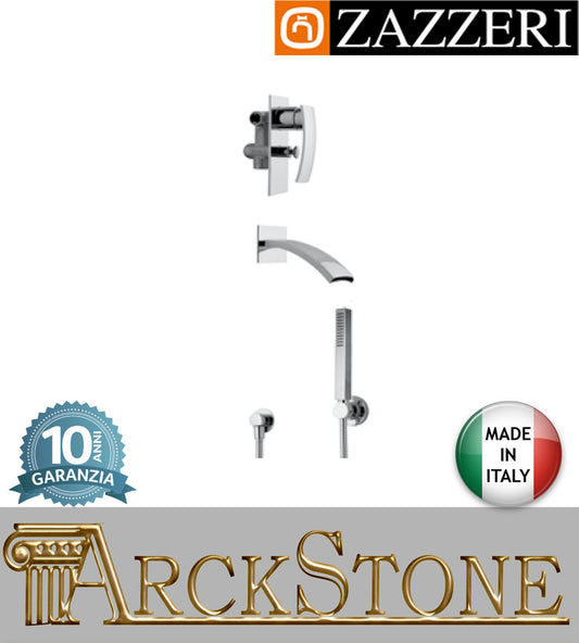 Composizione miscelatore vasca marca Zazzeri modello Moon Mono finitura ottone cromato parete incasso set doccia rubinetteria rubinetto arredamento muro arredo bagno azienda garanzia 10 anni qualità made in italy 
