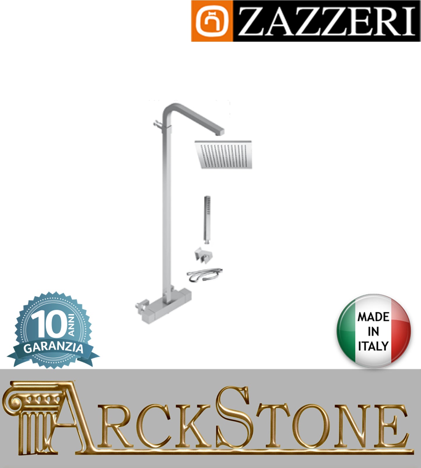 Colonna doccia marca Zazzeri modello Moon Mono finitura ottone cromato soffione 260 mm doccetta anticalcare flessibile miscelatore termostatico arredamento casa arredo bagno garanzia 10 anni qualità made in italy