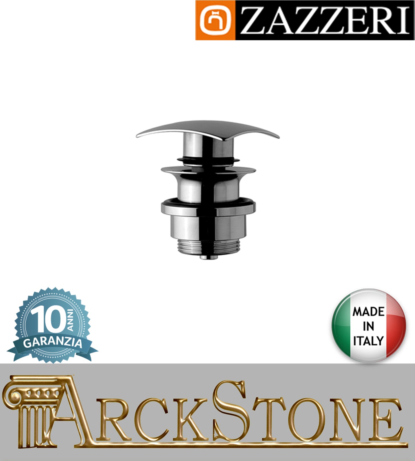 Piletta scarico marca Zazzeri modello Moon finitura ottone cromato automatico pressione tappo quadro Altezza 70 mm rubinetteria arredamento casa home acqua arredo bagno azienda certificata garanzia 10 anni qualità made in italy
