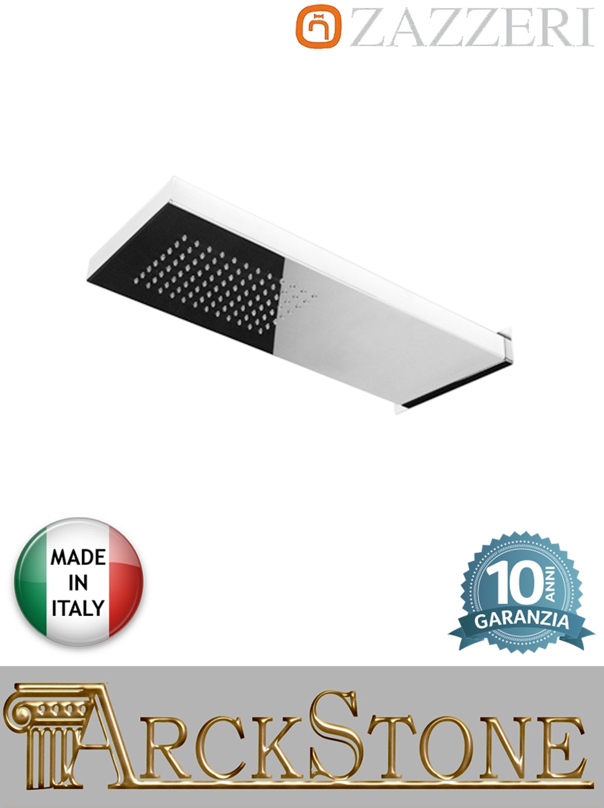 Soffione Doccia a Mensola Acciaio Marca Zazzeri modello Shirò pioggia anticalcare incasso finitura Inox Lucido Muro Parete arredamento bagno 585x258 mm garanzia 10 anni qualità made in italy