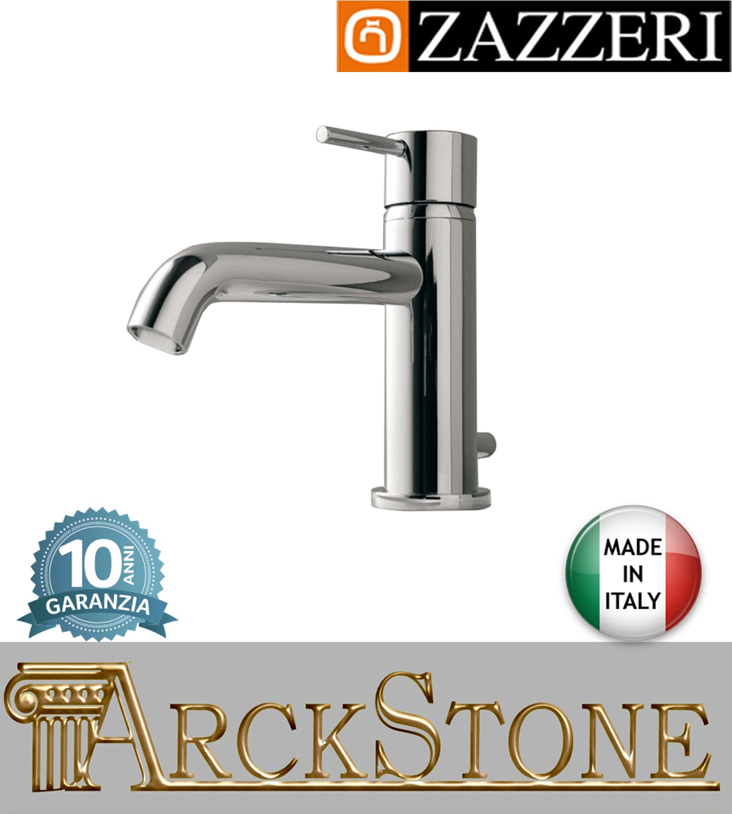 Miscelatore lavabo 130 mm marca Zazzeri modello Modo 7 finitura ottone cromato appoggio monoforo scarico automatico rubinetto rubinetteria arredamento casa arredo bagno azienda garanzia 10 anni qualità made in italy