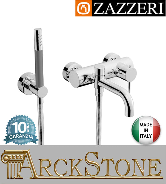 Miscelatore vasca marca Zazzeri modello Modo 7 finitura ottone cromato parete esterno doccetta attacco muro flessibile arredamento casa arredo bagno acqua garanzia 10 anni qualità made in italy