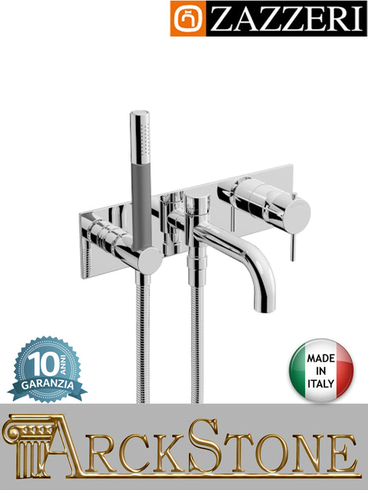 Miscelatore vasca marca Zazzeri modello Modo 7 finitura ottone cromato parete incasso doccetta flessibile attacco arredamento casa muro arredo bagno garanzia 10 anni qualità made in italy