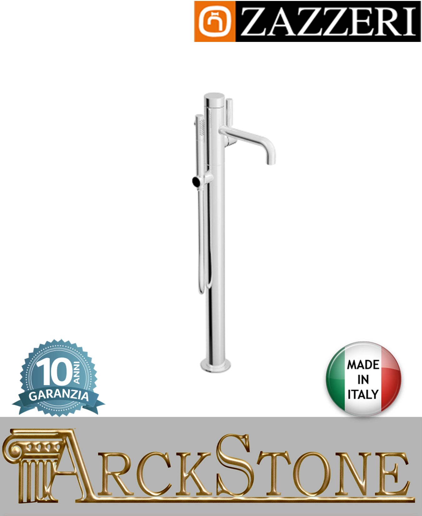 Miscelatore vasca marca Zazzeri modello Da-Da 7 Mono finitura ottone cromato terra doccetta flessibile pavimento arredamento casa home arredo bagno fontana azienda certificata garanzia 10 anni qualità made in italy
