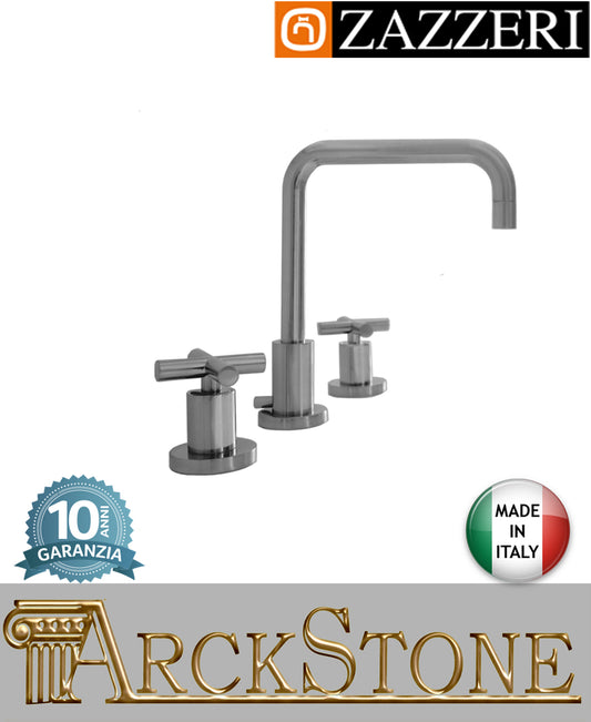 Miscelatore lavabo marca Zazzeri modello Da-Da 2 finitura ottone cromato appoggio batteria vitone ceramico 180° 3 tre fori collo girevole Quadro arredamento casa home acqua arredo bagno azienda garanzia 10 anni qualità made in italy