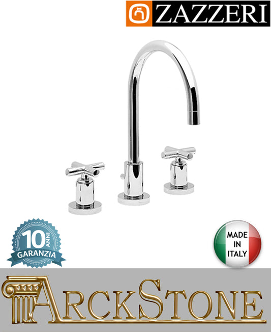 Miscelatore lavabo marca Zazzeri modello Da-Da 2 finitura ottone cromato appoggio batteria vitone ceramico 180° 3 tre fori collo girevole tondo arredamento casa arredo bagno azienda garanzia 10 anni qualità made in 
