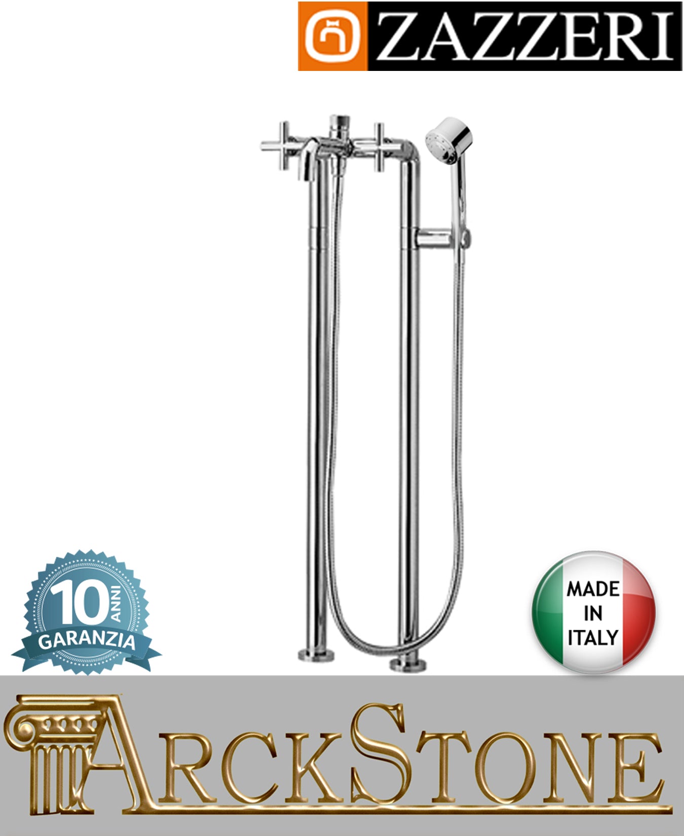 Miscelatore gruppo vasca marca Zazzeri modello Da-Da 2 finitura ottone cromato vitone ceramico 180° pavimento tubi doccetta multifunzione flessibile rubinetteria rubinetto arredamento arredo bagno fontana garanzia 10 anni made in italy