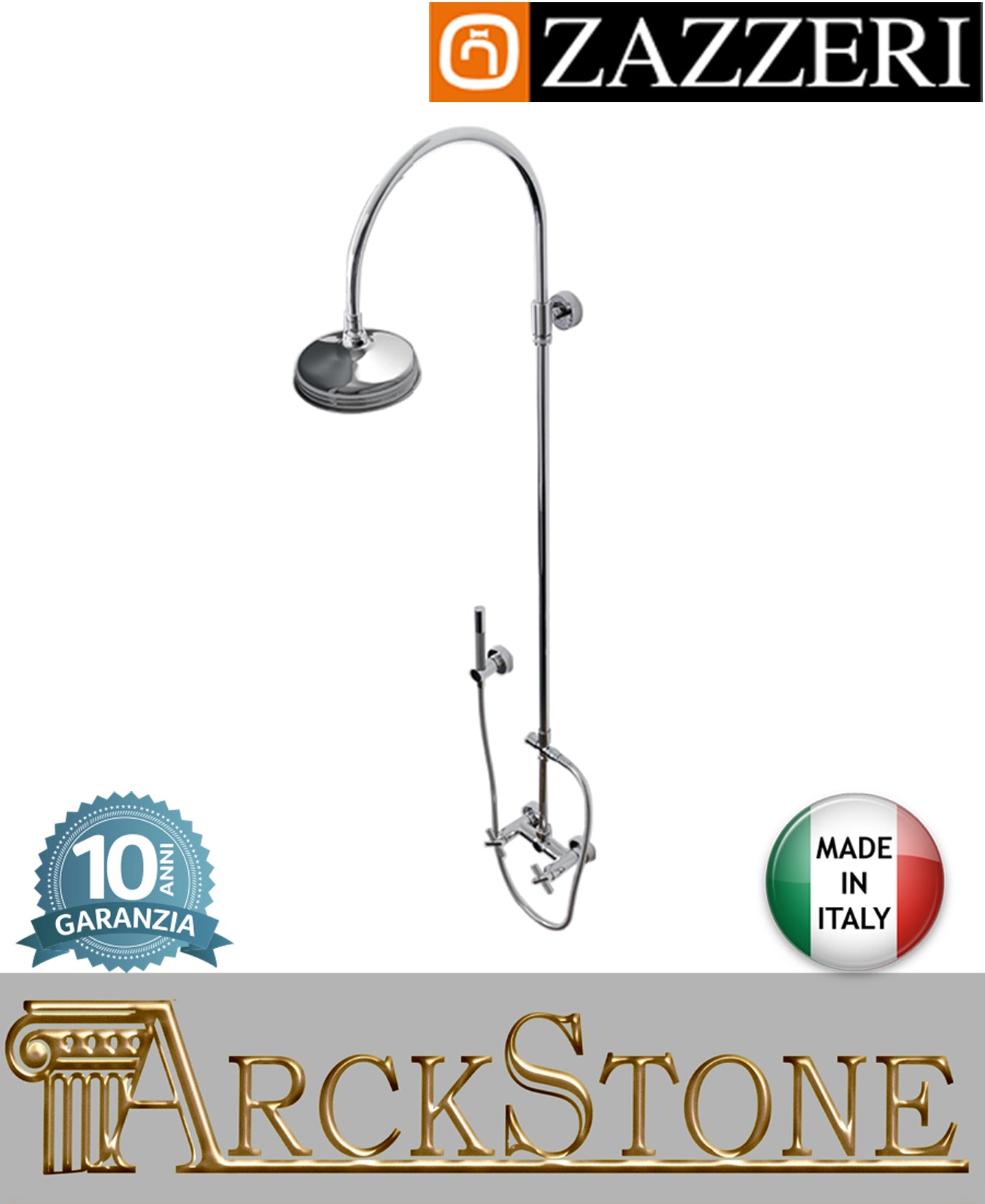 Colonna doccia marca Zazzeri modello Da-Da 2 finitura ottone cromato parete esterno doccetta soffione flessibile vitone ceramico 180° rubinetteria arredamento casa arredo bagno garanzia 10 anni qualità made in italy