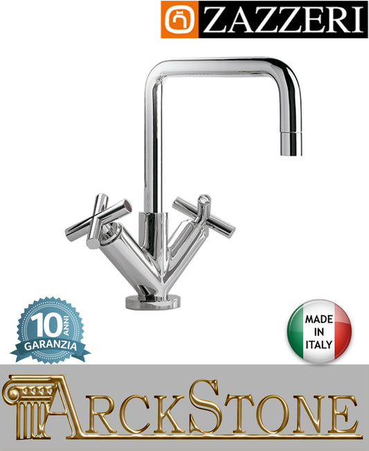 Miscelatore lavello marca Zazzeri modello Da-Da 2 finitura ottone cromato collo girevole quadro appoggio monoforo vitone ceramico 180° rubinetteria rubinetto casa arredamento fontana arredo cucina garanzia 10 anni made in italy