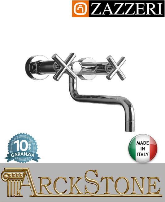 Miscelatore lavello marca Zazzeri modello Da-Da 2 finitura ottone cromato collo girevole Muro Parete 2 Fori vitone ceramico 180° rubinetteria rubinetto arredamento fontana arredo cucina garanzia 10 anni made in italy