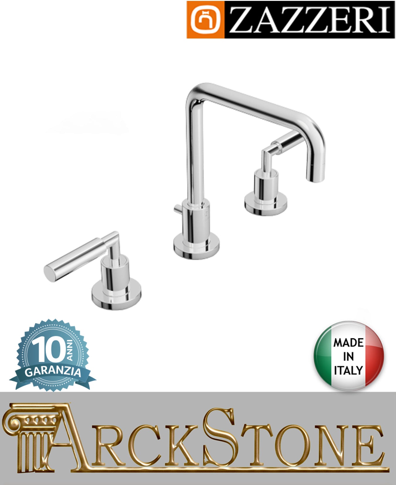 Miscelatore lavabo marca Zazzeri modello Da-Da 3 finitura ottone cromato collo girevole quadro vitone ceramico 90° appoggio 3 tre fori rubinetteria arredamento arredo bagno garanzia 10 anni qualità made in italy