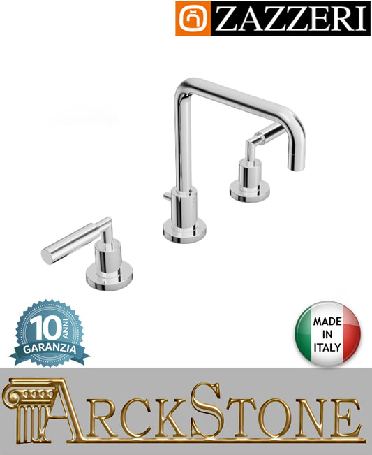 Miscelatore lavabo marca Zazzeri modello Da-Da 3 finitura ottone cromato collo girevole quadro vitone ceramico 90° appoggio 3 tre fori rubinetteria arredamento arredo bagno garanzia 10 anni qualità made in italy