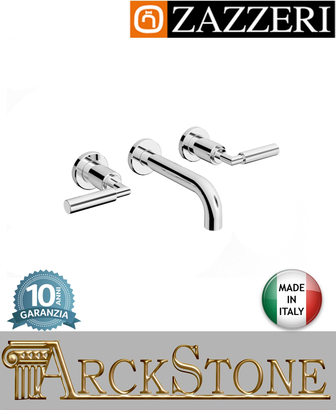 Miscelatore lavabo marca Zazzeri modello Da-Da 3 finitura ottone cromato collo girevole tondo vitone ceramico 90° parete 3 tre fori rubinetteria getto 210 mm incasso muro casa arredo bagno garanzia 10 anni qualità made in italy