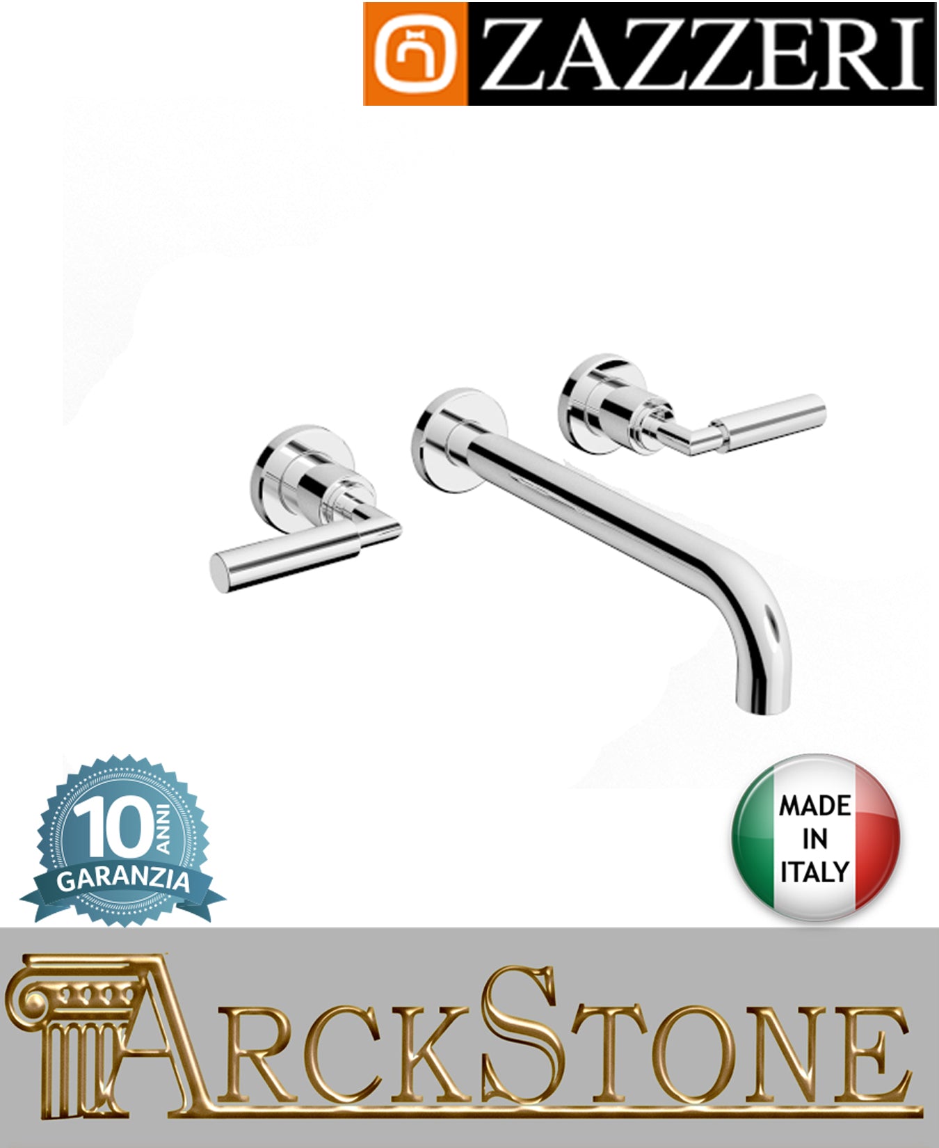 Miscelatore lavabo marca Zazzeri modello Da-Da 3 finitura ottone cromato collo girevole tondo vitone ceramico 90° parete 3 tre fori rubinetteria getto 255 mm incasso muro casa arredo bagno garanzia 10 anni qualità made in italy