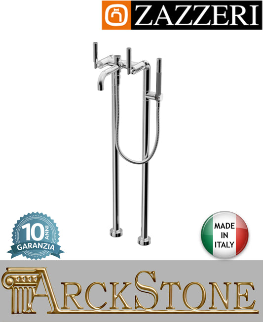 Miscelatore gruppo vasca marca Zazzeri modello Da-Da 3 finitura ottone cromato esterno pavimento tubi vitone ceramico 90° doccetta flessibile rubinetteria rubinetto bagno casa garanzia 10 anni qualità made in italy