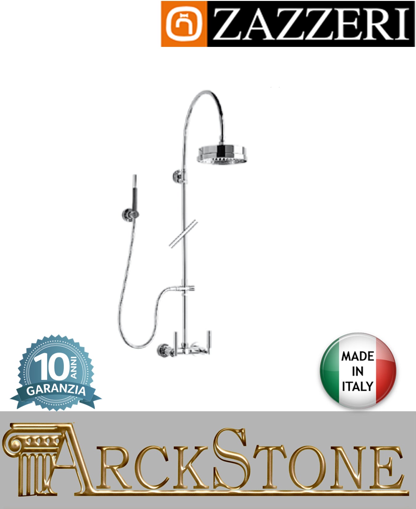 Colonna doccia marca Zazzeri modello Da-Da 3 finitura ottone cromato parete esterno doccetta soffione Ø200 mm vitone ceramico 90° rubinetteria flessibile gruppo cromo azienda garanzia 10 anni qualità made in italy