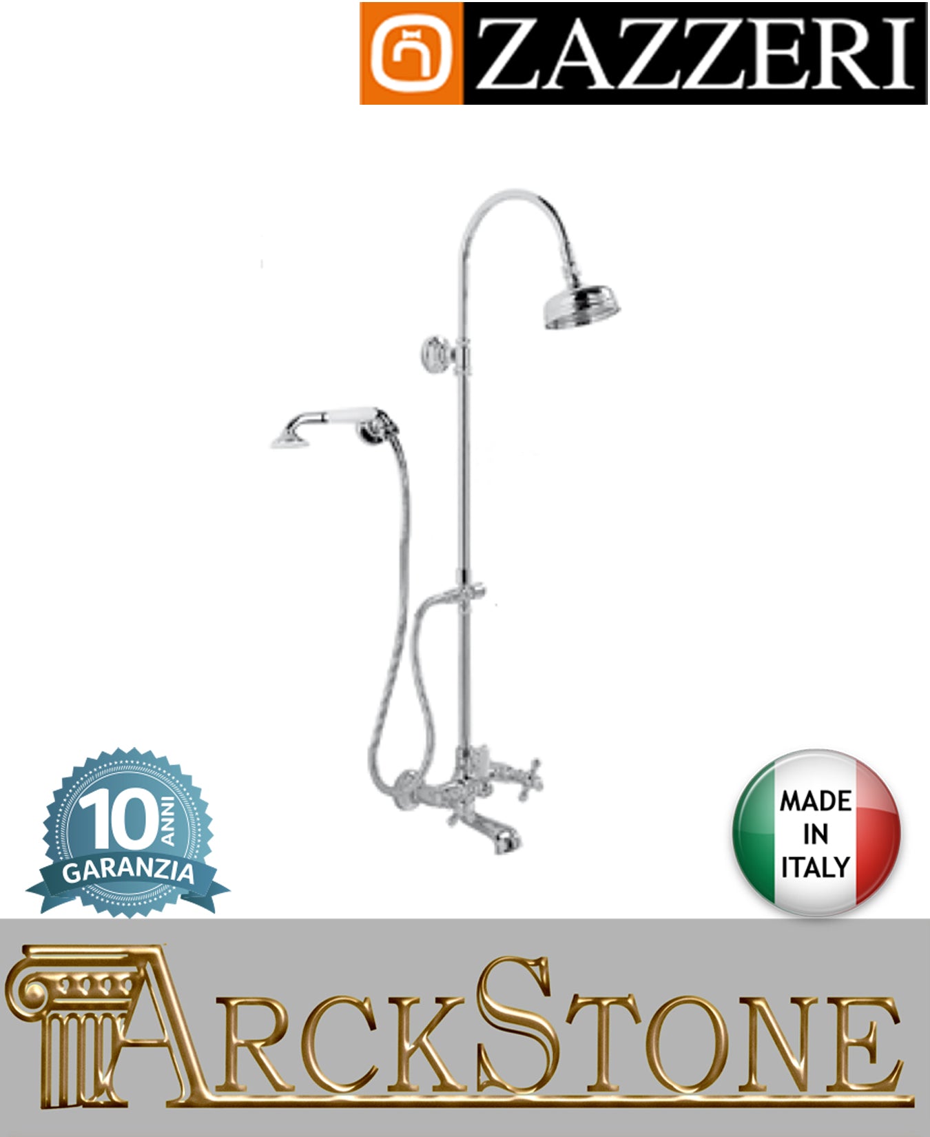 Colonna miscelatore gruppo vasca doccia marca Zazzeri modello Kent 2 2900SO01A00+5501N619A00 CRCR finitura ottone cromato esterno parete vitone ceramico 180° soffione Ø120 mm doccetta flessibile muro arredo bagno garanzia 10 anni made in italy