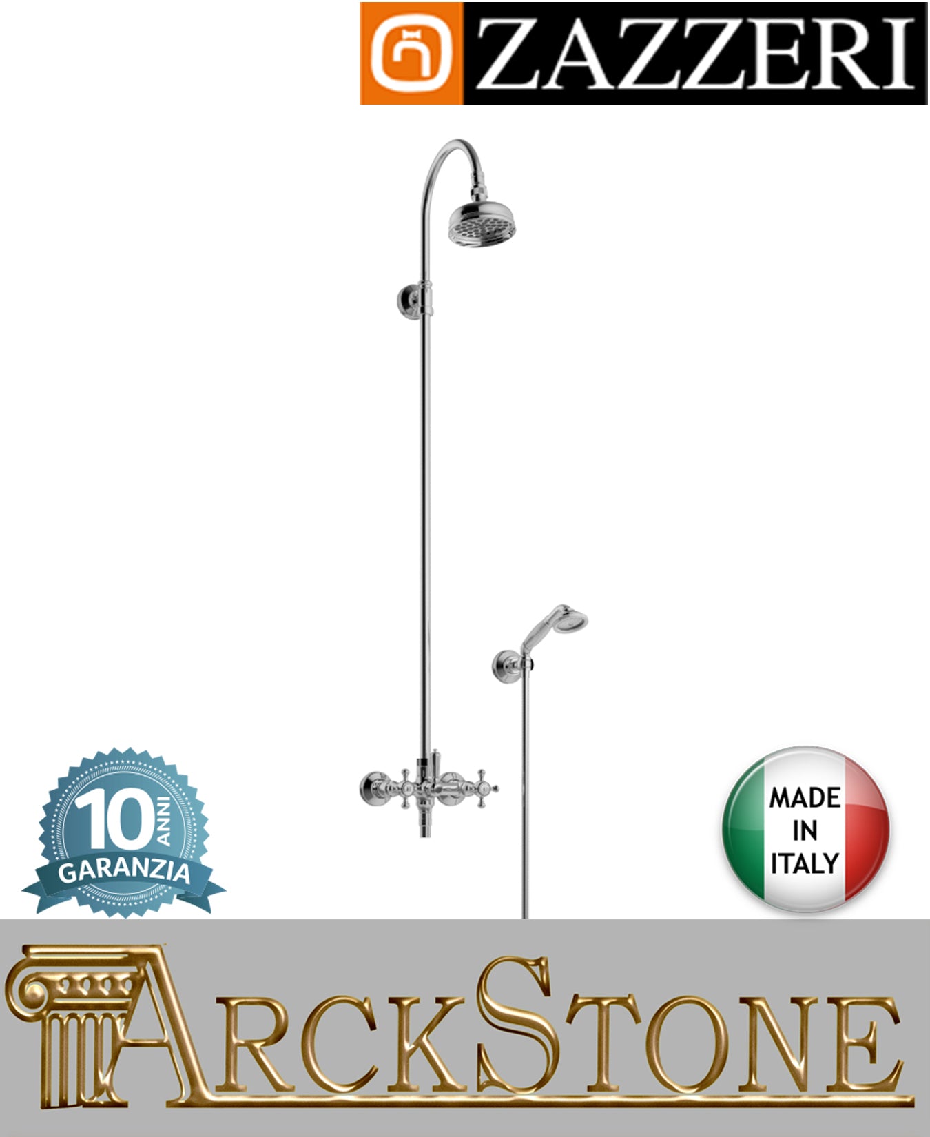 Colonna gruppo doccia marca Zazzeri modello Kent ottone cromato soffione Ø120 mm vitone tradizionale parete esterno doccetta attacco muro arredo bagno acqua azienda certificata garanzia 10 anni qualità made in italy