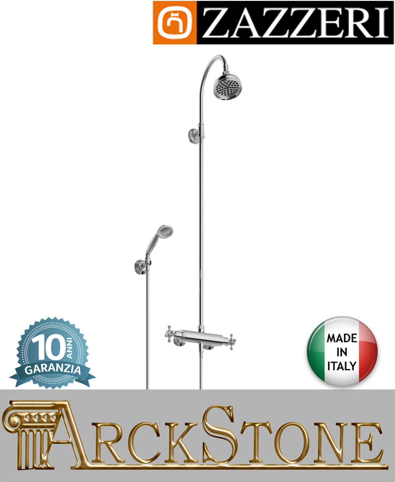 Colonna gruppo termostatico doccia marca Zazzeri modello Kent ottone cromato soffione Ø120 mm vitone tradizionale parete esterno Deviatore doccetta attacco muro arredo bagno azienda garanzia 10 anni qualità made in italy
