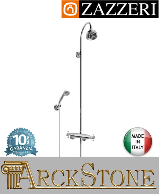 Colonna gruppo termostatico doccia marca Zazzeri modello Kent ottone cromato soffione Ø120 mm vitone tradizionale parete esterno Deviatore doccetta attacco muro arredo bagno azienda garanzia 10 anni qualità made in italy