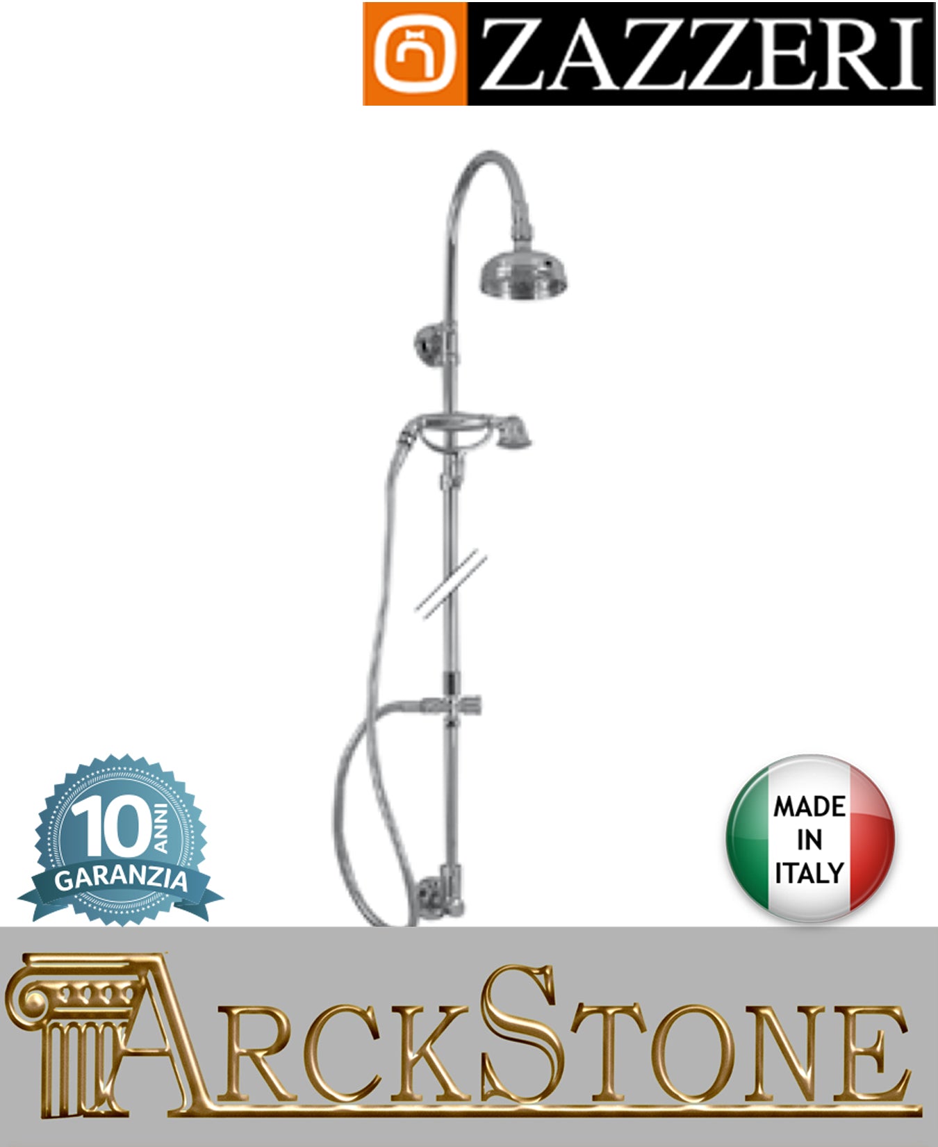 Colonna doccia marca Zazzeri modello Kent 2900SO01A00+2900M612A00 CRCR ottone cromato soffione Ø120 mm senza miscelatore parete esterno doccetta attacco muro arredo bagno arredamento casa acqua azienda garanzia 10 anni qualità made in italy