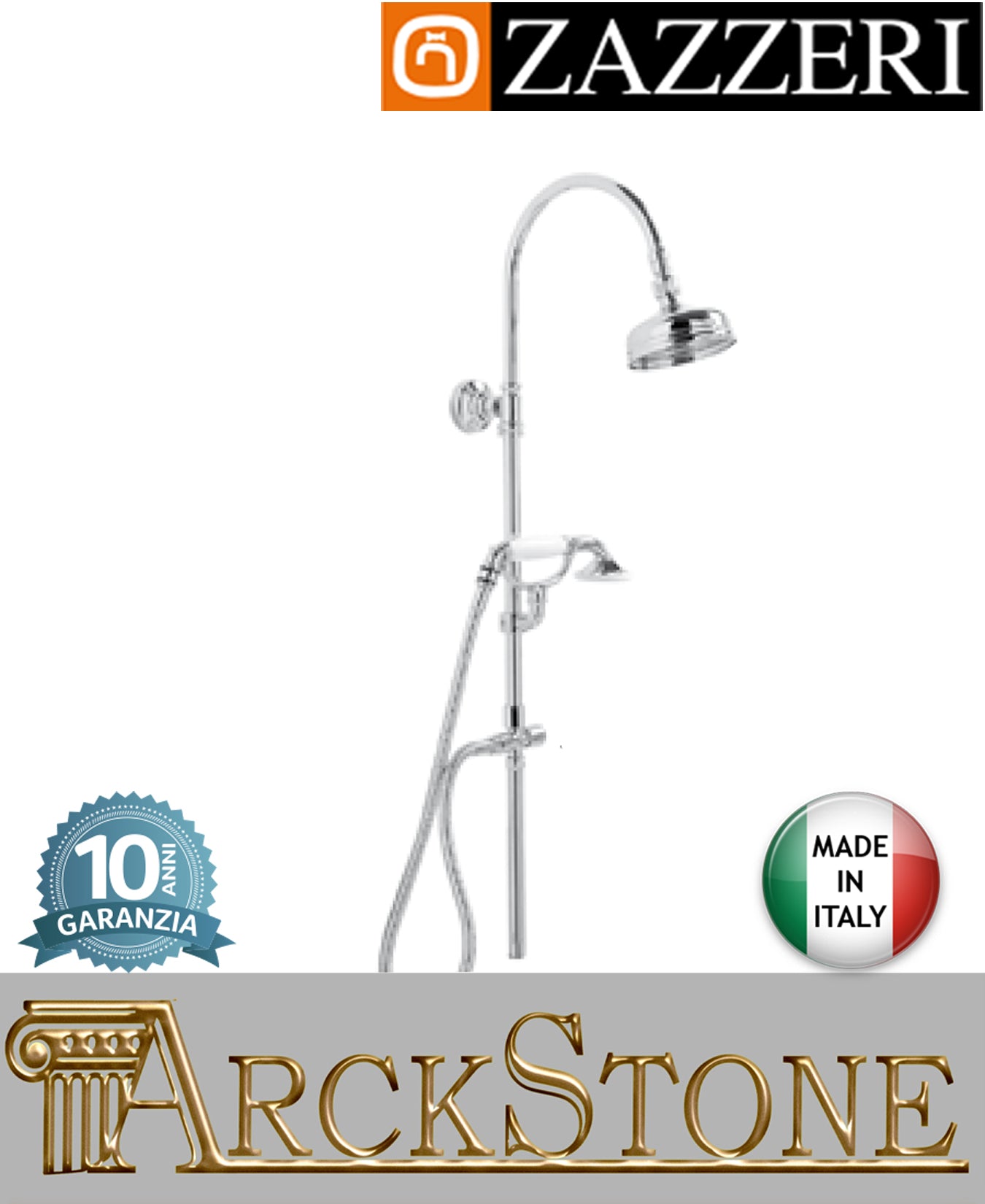 Colonna doccia marca Zazzeri modello Kent ottone cromato soffione Ø120 mm senza miscelatore parete esterno doccetta attacco muro arredo bagno arredamento casa acqua azienda garanzia 10 anni qualità made in italy