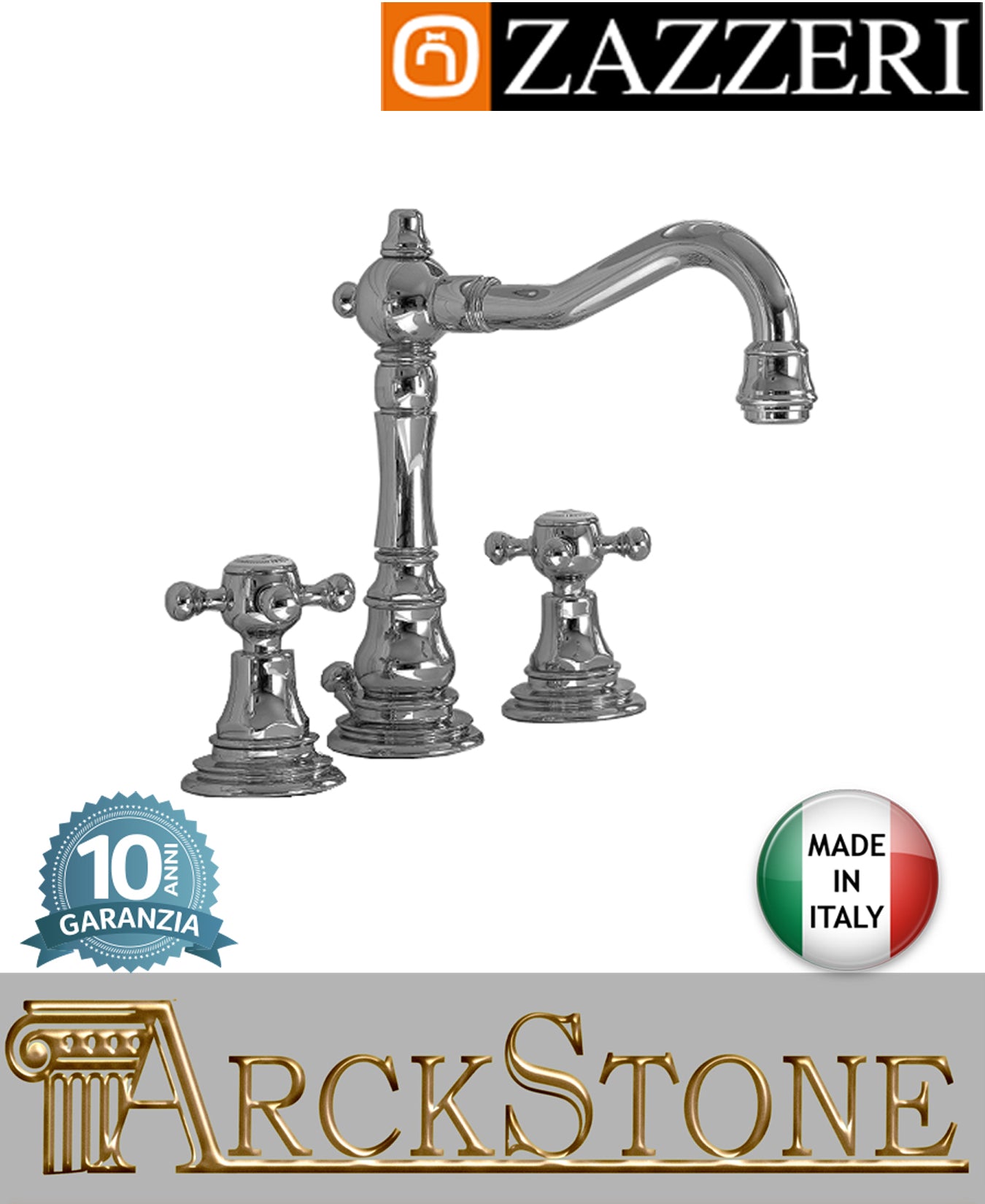 Miscelatore lavabo marca Zazzeri modello Kent 2 finitura ottone cromato appoggio tre fori collo girevole vitone ceramico 180° batteria L175 x H135 mm arredamento casa arredo bagno azienda certificata garanzia 10 anni made in italy