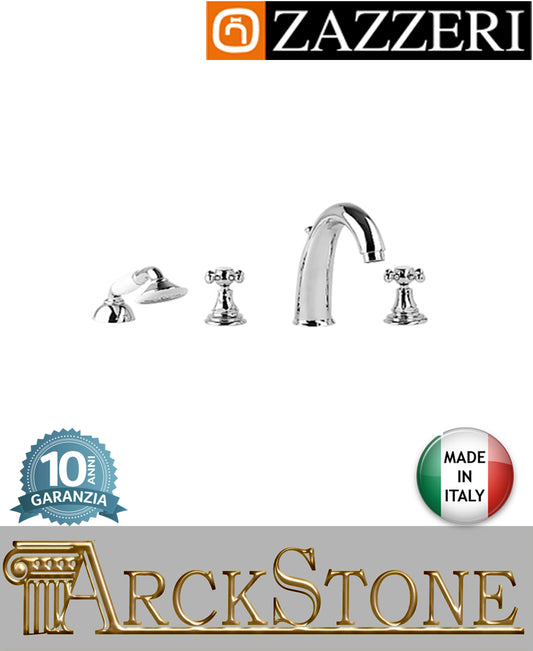 Miscelatore gruppo vasca marca zazzeri modello kent 2 finitura ottone cromato appoggio piano 4 quattro fori rubinetteria doccetta vitone ceramico 90° rubinetto arredo bagno garanzia 10 anni qualità made in italy