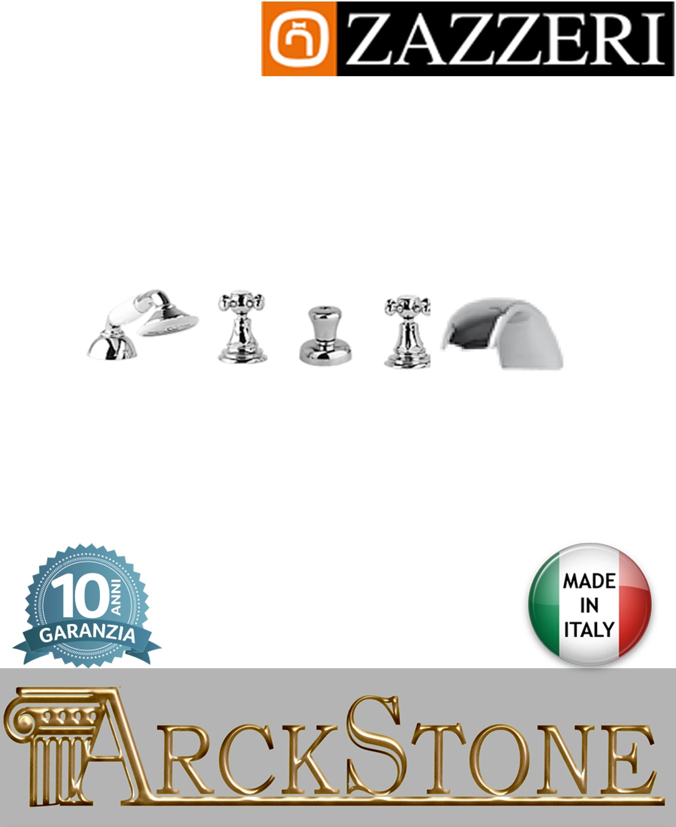 Miscelatore gruppo vasca marca zazzeri modello kent 2 finitura ottone cromato appoggio piano 5 cinque fori rubinetteria doccetta vitone ceramico 90° rubinetto arredo bagno garanzia 10 anni qualità made in italy