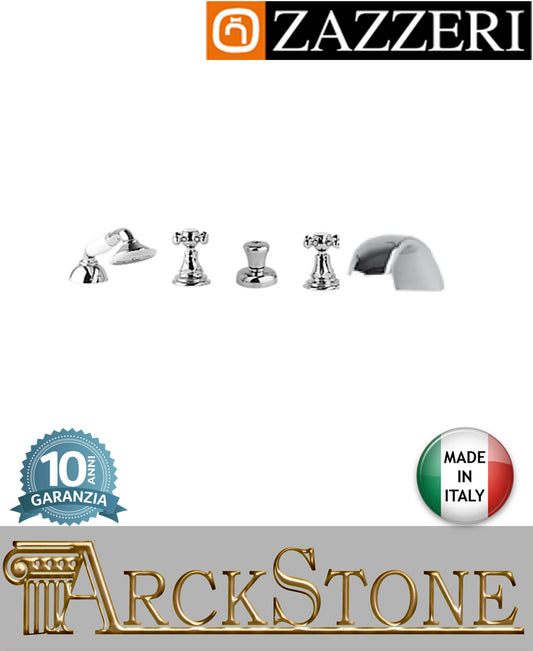 Miscelatore gruppo vasca marca zazzeri modello kent 2 finitura ottone cromato appoggio piano 5 cinque fori rubinetteria doccetta vitone ceramico 90° rubinetto arredo bagno garanzia 10 anni qualità made in italy