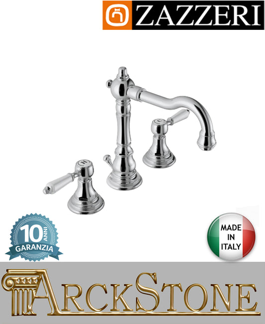 Miscelatore lavabo marca Zazzeri modello Kent 3 finitura ottone cromato appoggio tre 3 fori collo girevole vitone ceramico 90° L175xH135mm acqua arredo bagno azienda arredamento casa home rubinetteria rubinetto garanzia 10 anni qualità made in italy