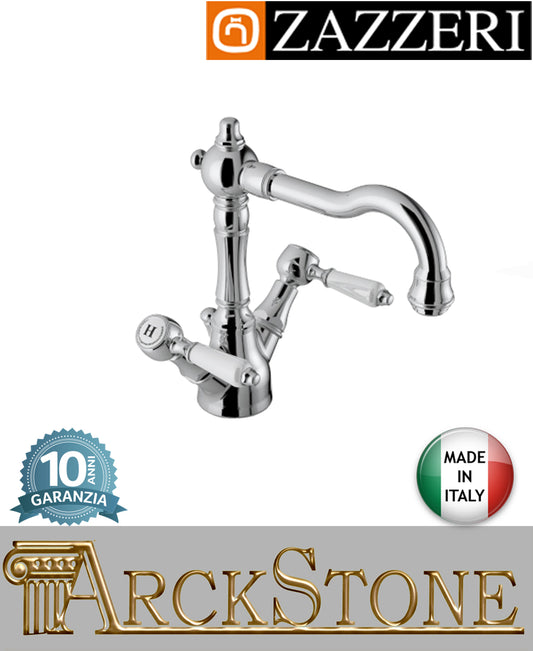 Miscelatore lavabo marca Zazzeri modello Kent 3 finitura ottone cromato appoggio monoforo collo girevole vitone ceramico 90° L179xH140mm Piletta di Scarico Inclusa garanzia 10 anni qualità made in italy