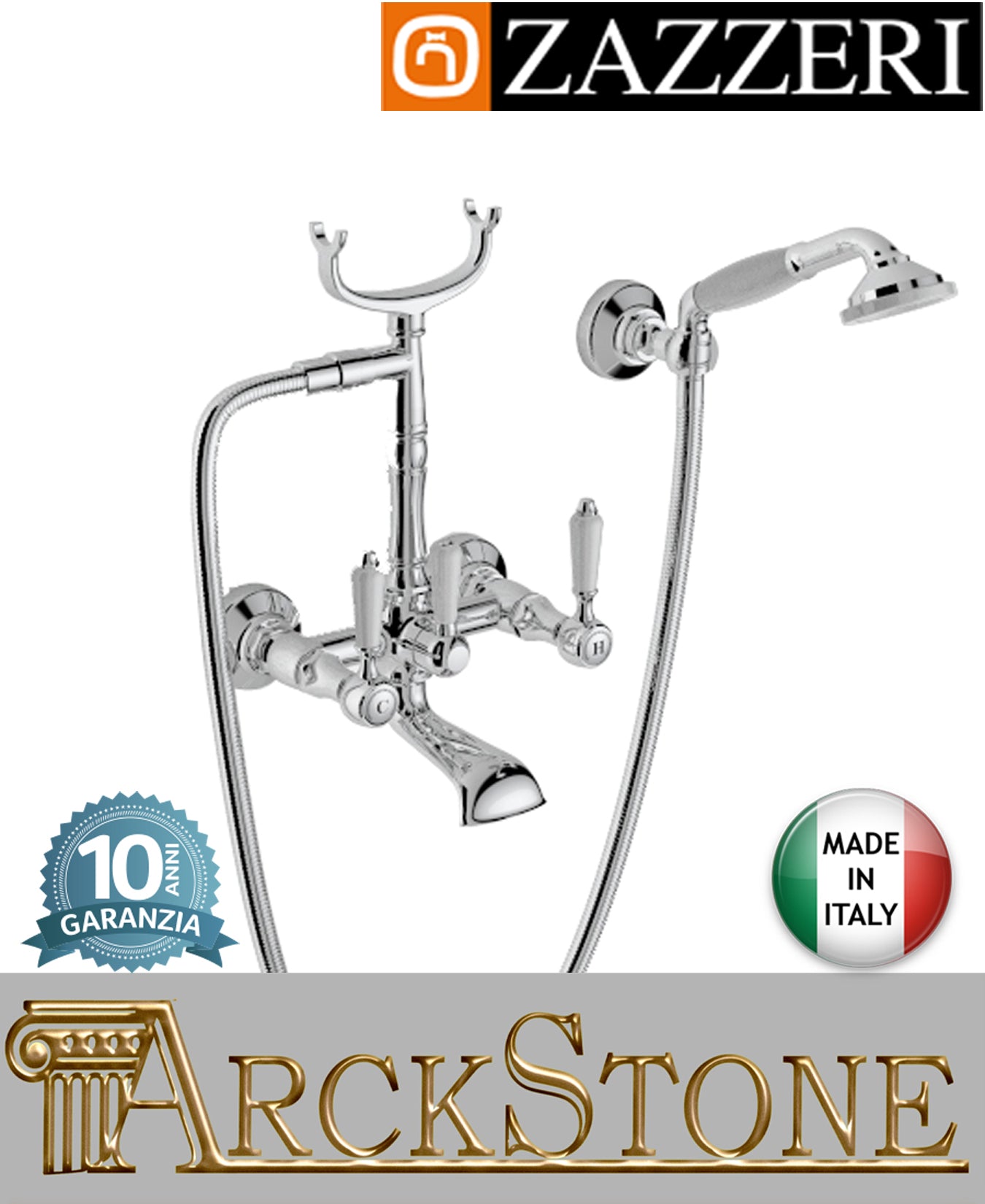 Miscelatore gruppo vasca marca Zazzeri modello Kent 3 finitura ottone cromato parete esterno muro vitone ceramico 90° attacco doccetta flessibile fontana arredo bagno azienda garanzia 10 anni qualità made in italy