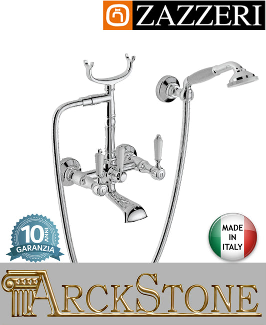 Miscelatore gruppo vasca marca Zazzeri modello Kent 3 finitura ottone cromato parete esterno muro vitone ceramico 90° attacco doccetta flessibile fontana arredo bagno azienda garanzia 10 anni qualità made in italy