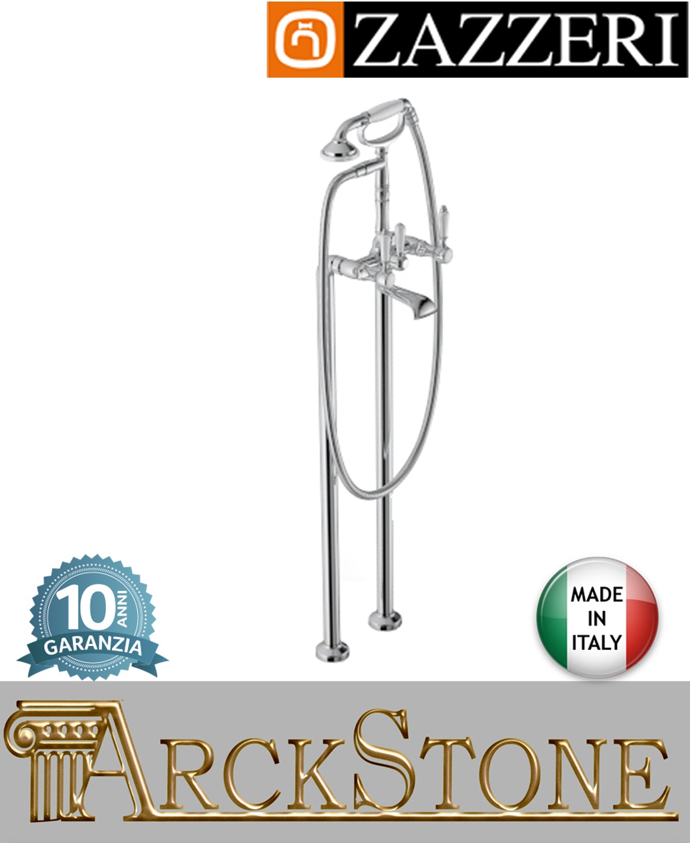 Miscelatore gruppo vasca marca Zazzeri modello Kent 3 finitura ottone cromato pavimento esterno tubi fontana vitone ceramico 90° arredamento casa terra home acqua arredo bagno garanzia 10 anni qualità made in italy