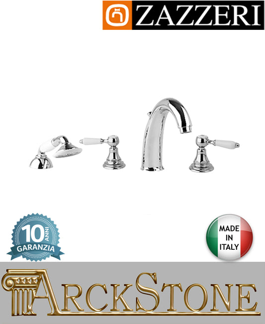 Miscelatore gruppo vasca marca zazzeri modello kent 3 finitura ottone cromato appoggio piano 4 quattro fori rubinetteria doccetta vitone ceramico 90° rubinetto arredo bagno garanzia 10 anni qualità made in italy