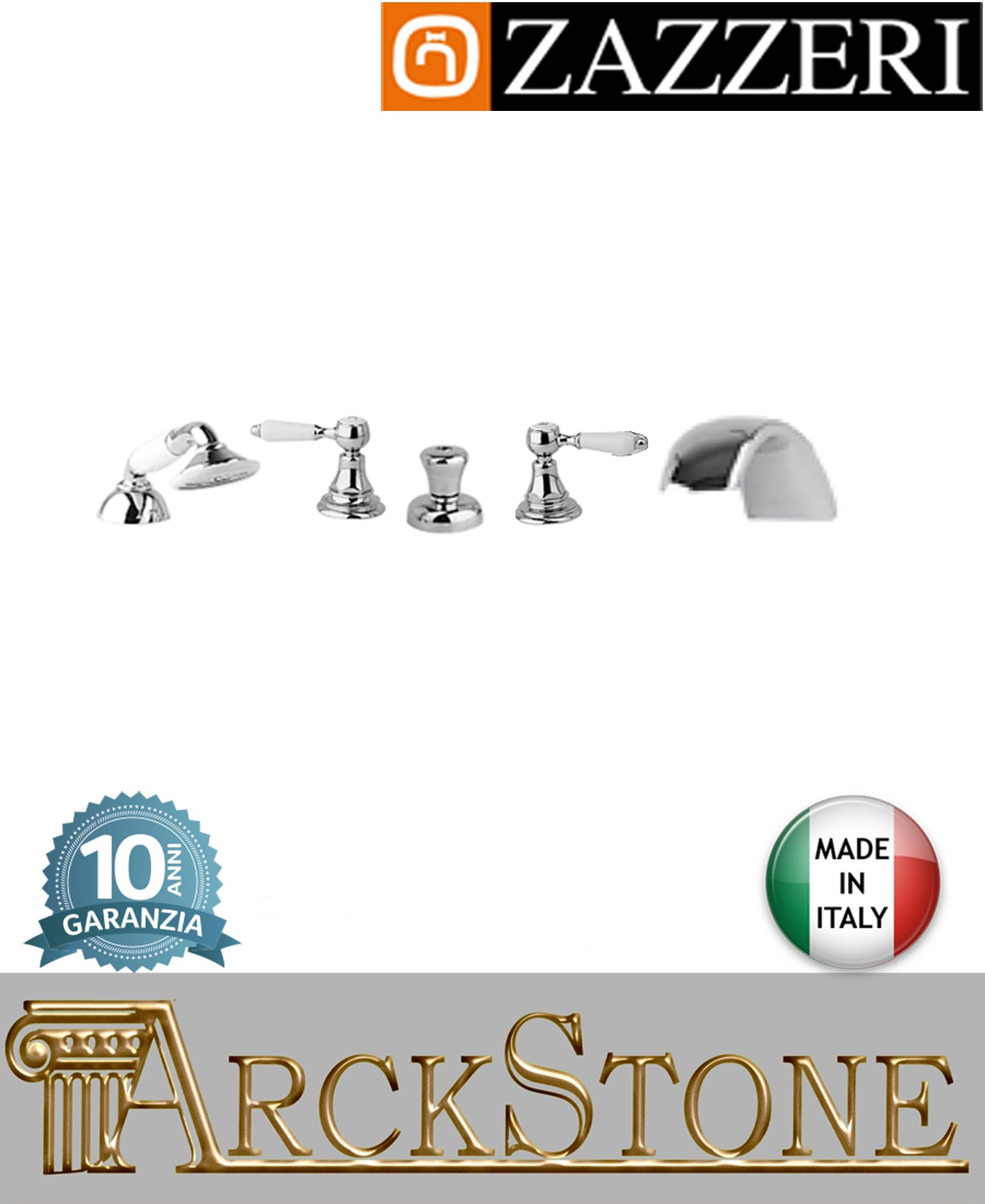 Miscelatore gruppo vasca marca zazzeri modello kent 3 finitura ottone cromato appoggio piano 5 cinque fori rubinetteria doccetta vitone ceramico 90° rubinetto arredo bagno garanzia 10 anni qualità made in italy