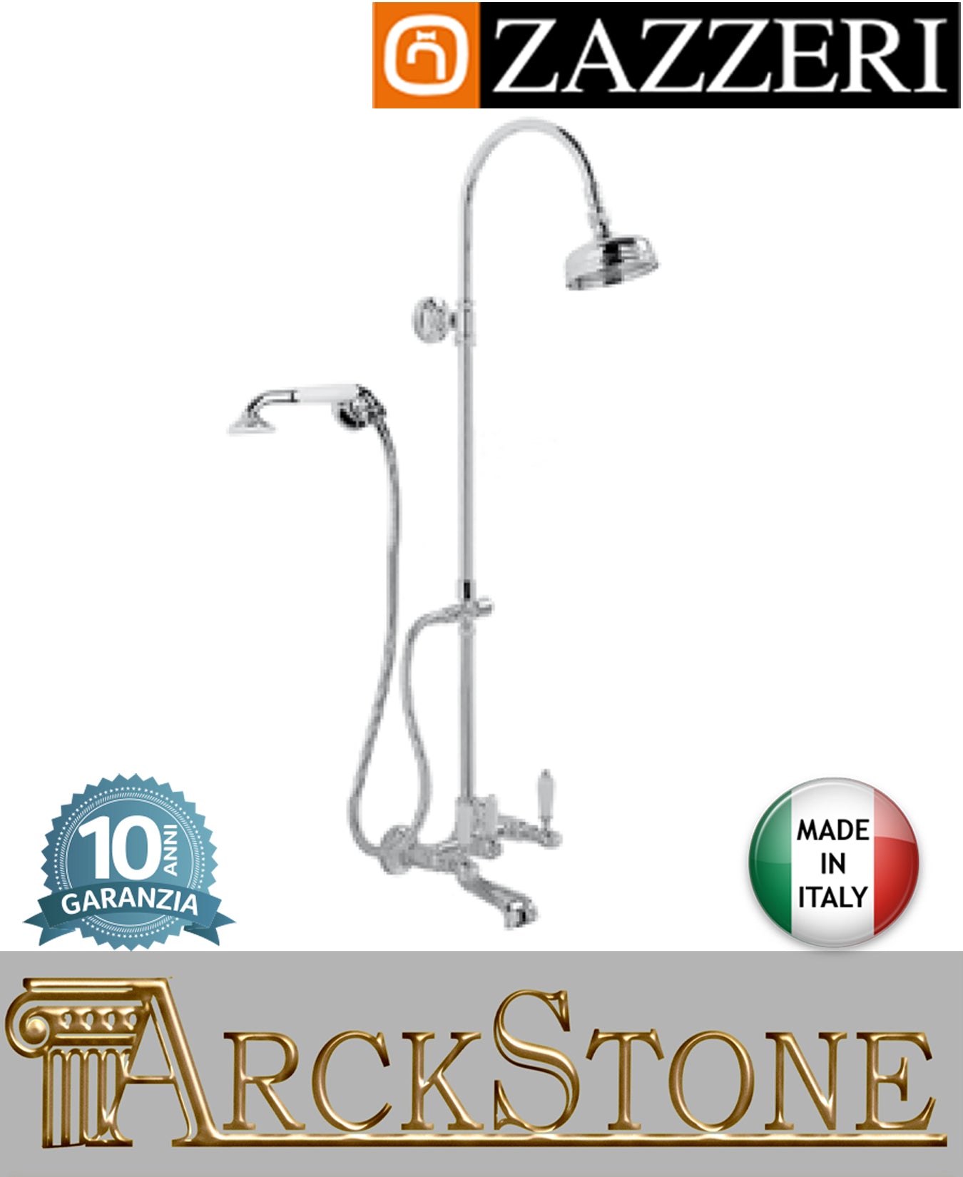 Colonna miscelatore gruppo vasca doccia marca Zazzeri modello Kent 3 2900SO01A00+5502N619A00 CRCR finitura ottone cromato esterno parete vitone ceramico 90° soffione Ø120 mm doccetta flessibile muro arredo bagno garanzia 10 anni made in italy