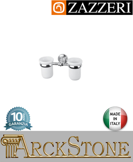 Porta spazzolino doppio marca Zazzeri modello Kent 3 finitura ottone cromato parete bicchiere ceramica mm H110 L350 P140 accessori arredo bagno azienda certificata home autorizzato muro garanzia 10 anni qualità made in italy 