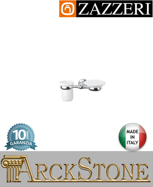 Porta sapone spazzolino marca Zazzeri modello Kent 3 finitura ottone cromato parete vaschetta bicchiere ceramica mm H110 L400 P150 accessori saponetta casa arredo bagno autorizzato muro garanzia 10 anni qualità made in italy
