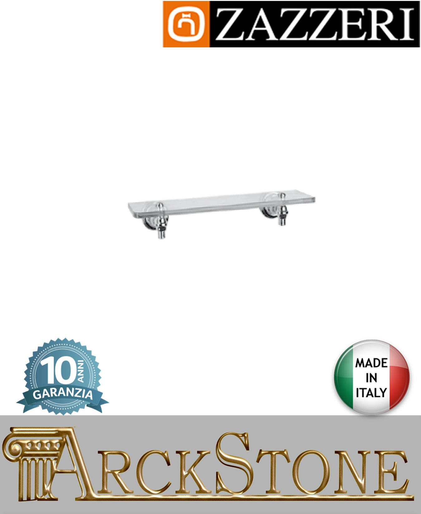 Mensola vetro marca Zazzeri modello Kent 3 finitura supporto ottone cromato parete mm H90 L400 P150 accessori arredo bagno autorizzato home arredamento azienda certificata casa cromo muro garanzia 10 anni qualità made in italy