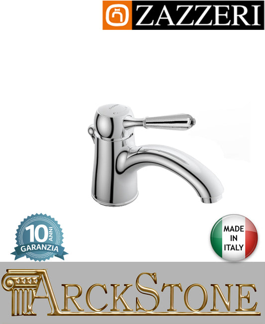 Miscelatore lavabo marca Zazzeri modello 900 finitura ottone cromato appoggio monoforo leva metallo scarico automatico L145 x H54mm rubinetto fontana mix rubinetteria azienda arredo bagno garanzia 10 anni qualità ma