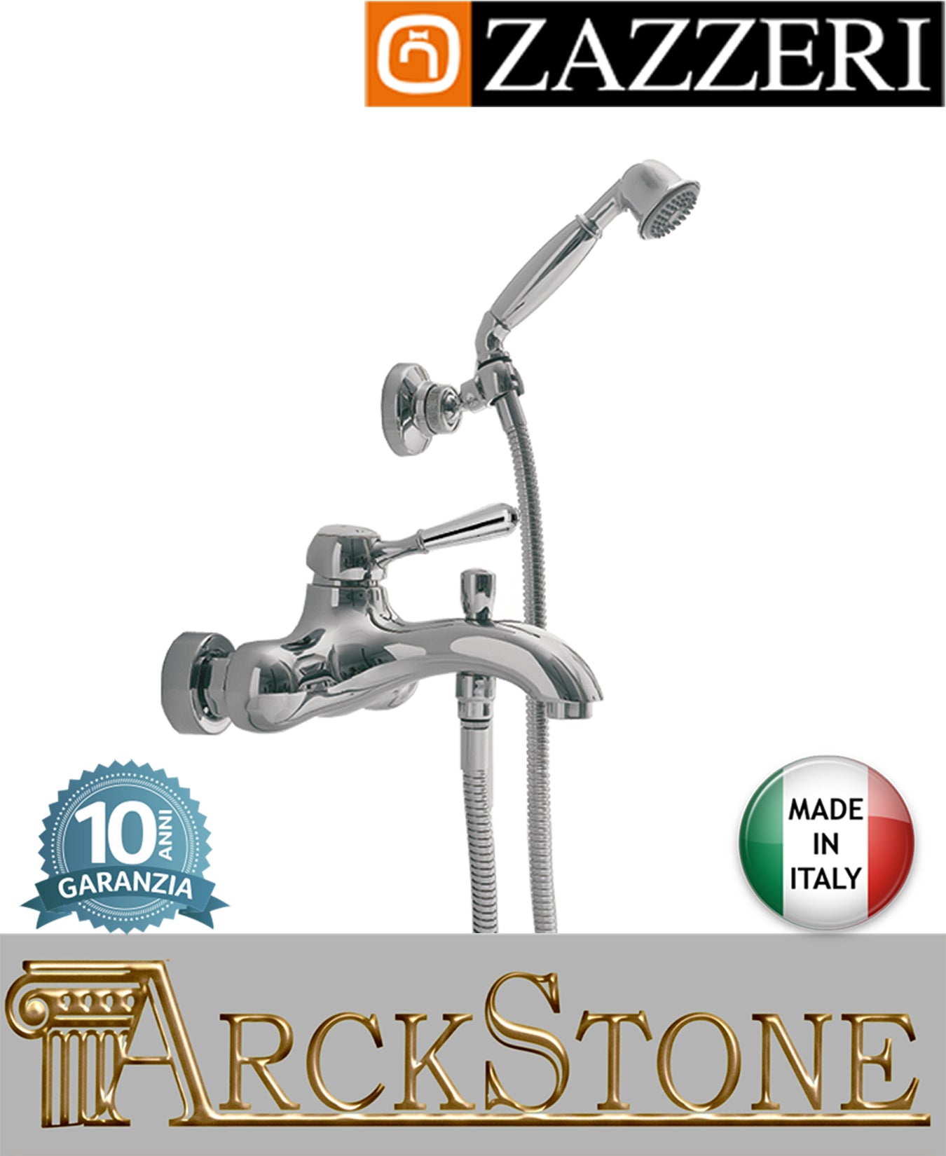 Miscelatore vasca marca Zazzeri modello 900 finitura ottone cromato leva metallo parete rubinetto completo attacco doccetta muro fontana mix rubinetteria azienda arredo bagno garanzia 10 anni qualità made in italy