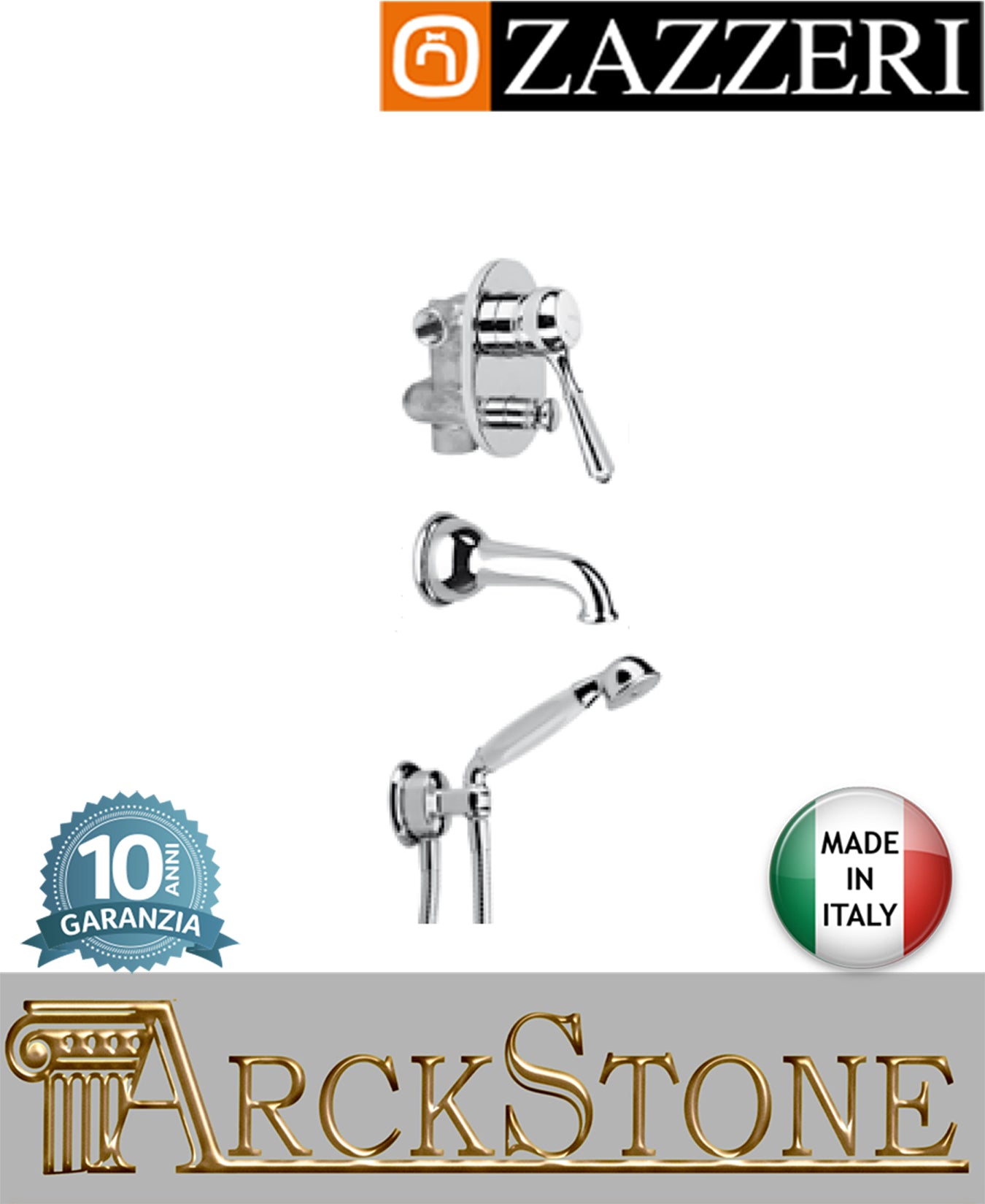 Composizione miscelatore vasca marca Zazzeri modello 900 finitura ottone cromato parete incasso completo attacco doccetta muro getto set doccia arredo bagno fontana acqua autorizzato mix garanzia 10 anni qualità made in italy
