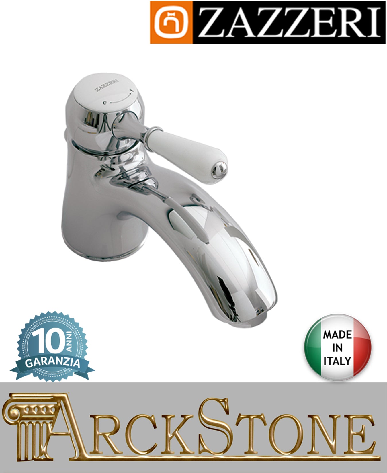 Miscelatore lavabo marca Zazzeri modello 902 finitura ottone cromato appoggio monoforo leva bianca scarico automatico L145 x H54 mm rubinetto fontana mix rubinetteria azienda arredo bagno garanzia 10 anni qualità made in italy