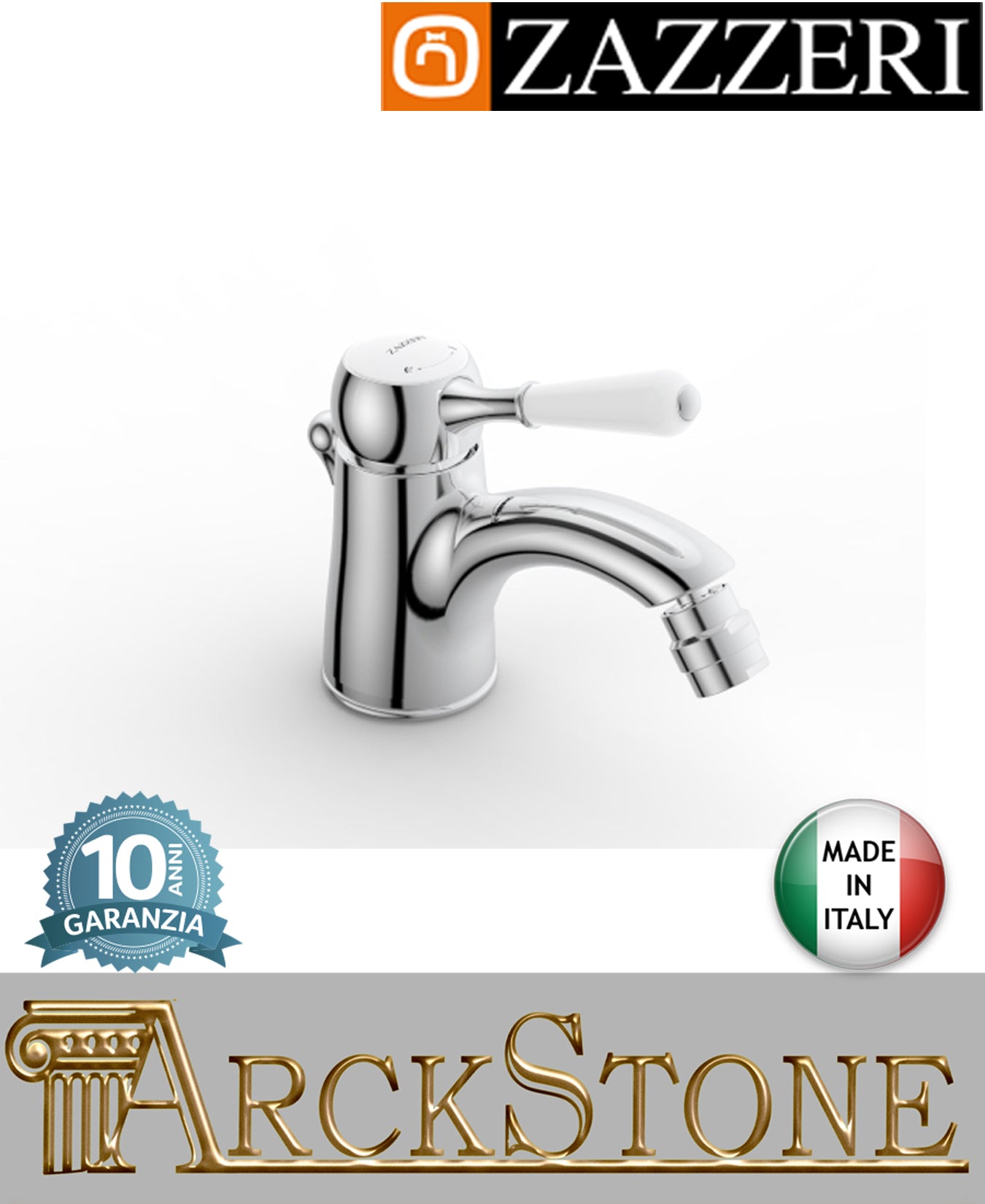 Miscelatore bidet marca Zazzeri modello 902 finitura ottone cromato appoggio monoforo leva bianca con piletta di scarico rubinetto fontana mix rubinetteria azienda certificata acqua arredo bagno garanzia 10 anni qualità made in italy