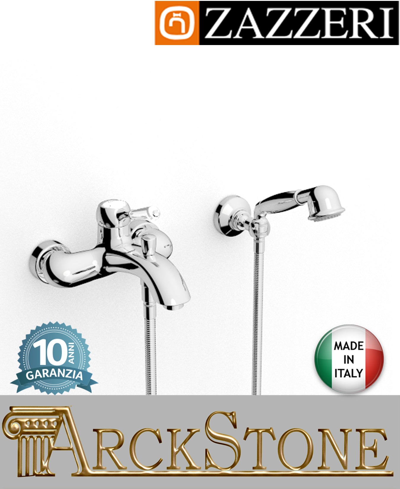Miscelatore vasca marca Zazzeri modello 902 finitura ottone cromato completo parete esterno attacco doccetta muro flessibile Leva Bianca mix arredo bagno fontana rubinetto rubinetteria garanzia 10 anni qualità made in italy
