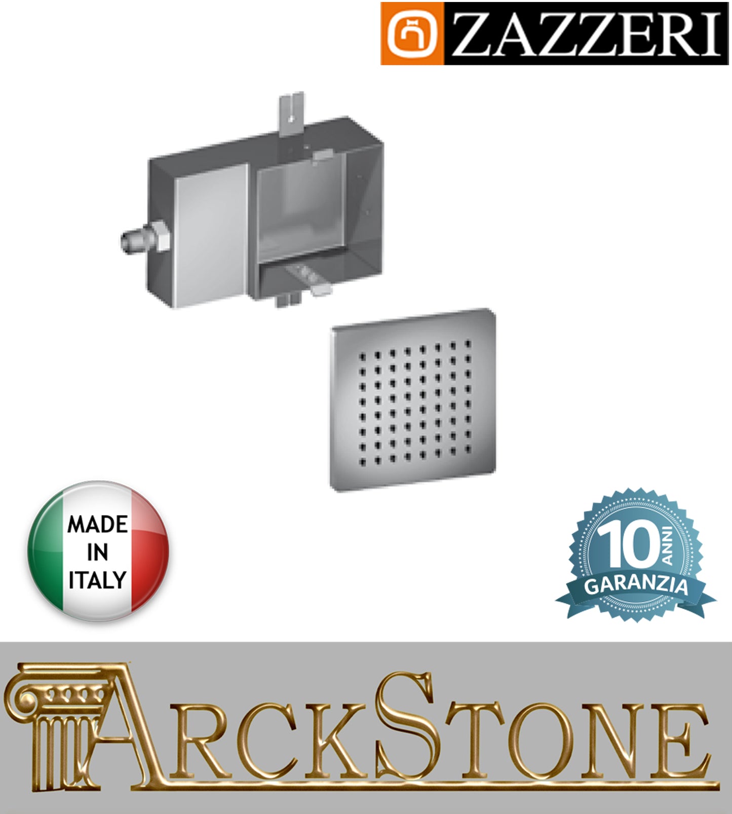 Soffione doccia quadro marca Zazzeri modello Shower Unix parete 150x150 mm Flyfall acciaio inox finitura lucida anticalcare  rubinetteria arredamento bagno garanzia 10 anni azienda certificata qualità made in italy