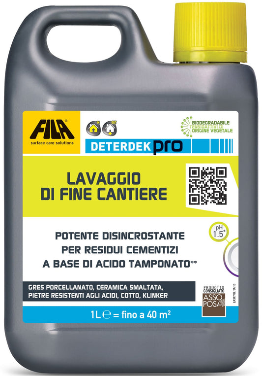 Lattina Fila Deterdek Pro da 1 Litro LT Detergente Disincrostante Acido per Pulizia Dopo la Posa di Gres Porcellanato Ceramica Cotto Klinker Pietra